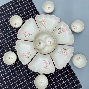 Bộ bát đĩa Bát Tràng hoa mặt trời mâm cúng gia tiên vẽ sen hồng