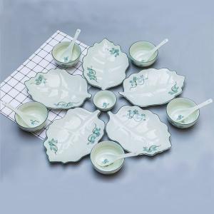 Bộ bát đĩa Bát Tràng men kem sen xanh lơ 5 người ăn