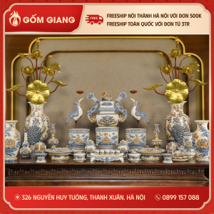 Bộ đồ thờ men Hoàng Thổ họa tiết sen cao cấp