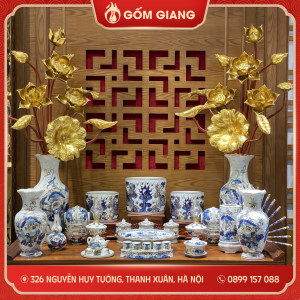 Bộ đồ thờ men lam vẽ vàng 24K - Bát Hương Rồng, Phụ Kiện Sen